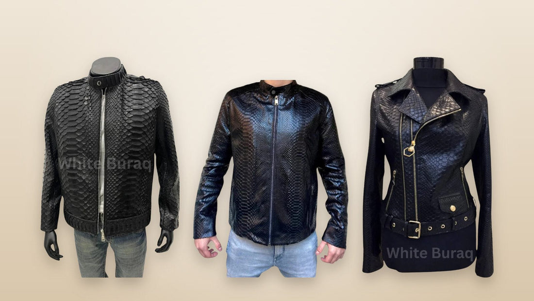 Men's black genuine python biker jacket, men's black python-embossed cowhide jacket and women's black genuine python jacket