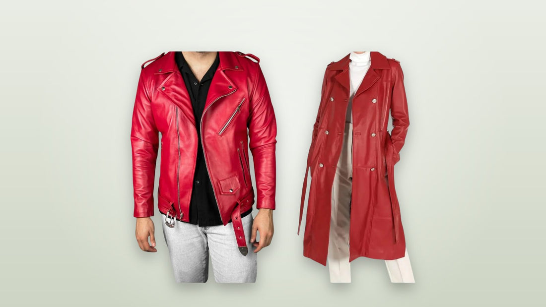 Men's red leather biker jacket and women's red double-breasted leather coat