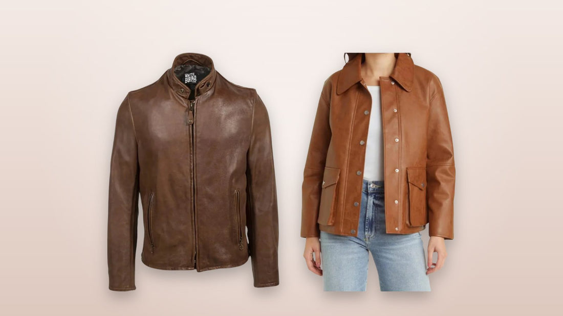 Men's distressed brown vintage cowhide cafe racer jacket and women's distressed brown lambskin leather bomber jacket
