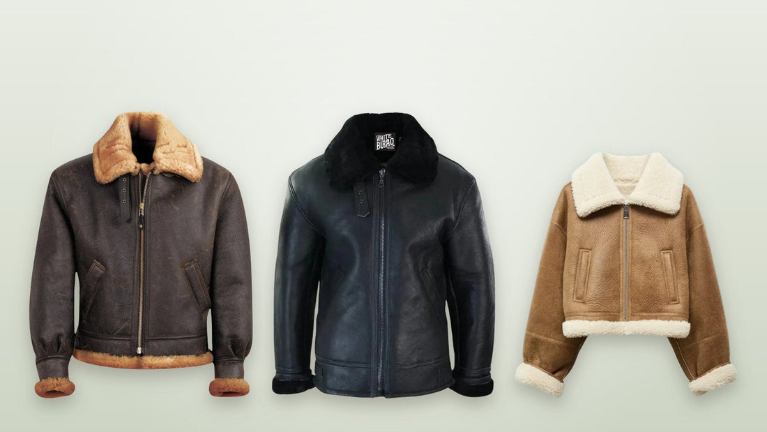 Men's distressed brown sheepskin B-3 bomber jacket for cold winter days