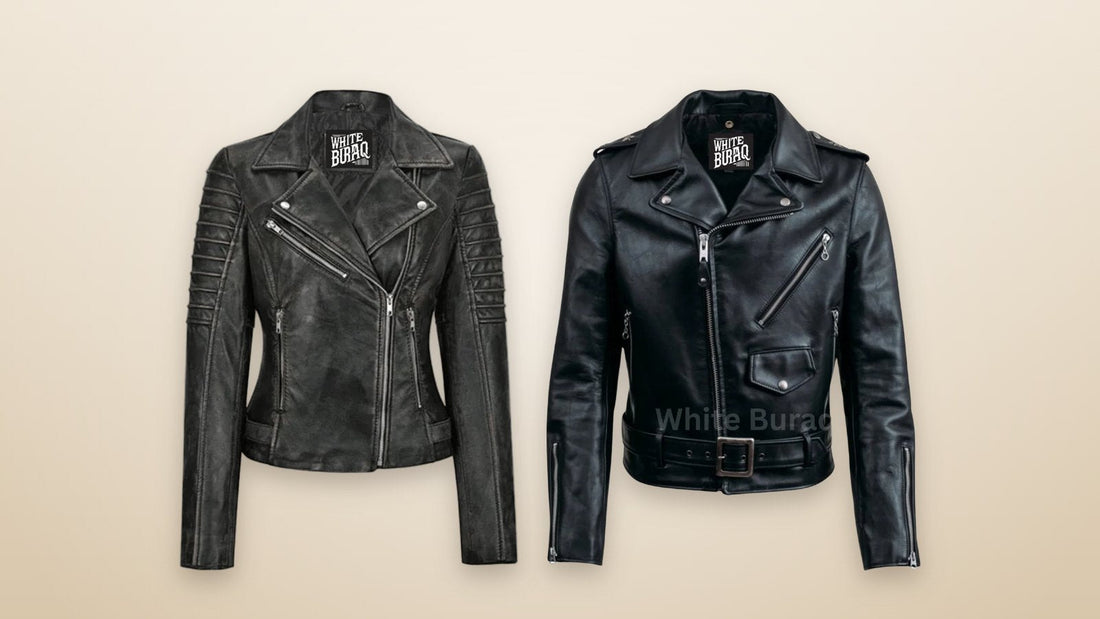 A women's black lambskin leather biker jacket and a men's black leather asymmetrical biker jacket, two styles that pair with boots and sneakers