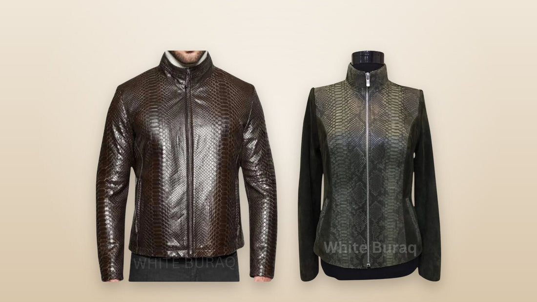 Men's distressed brown and women's green snakeskin leather jackets
