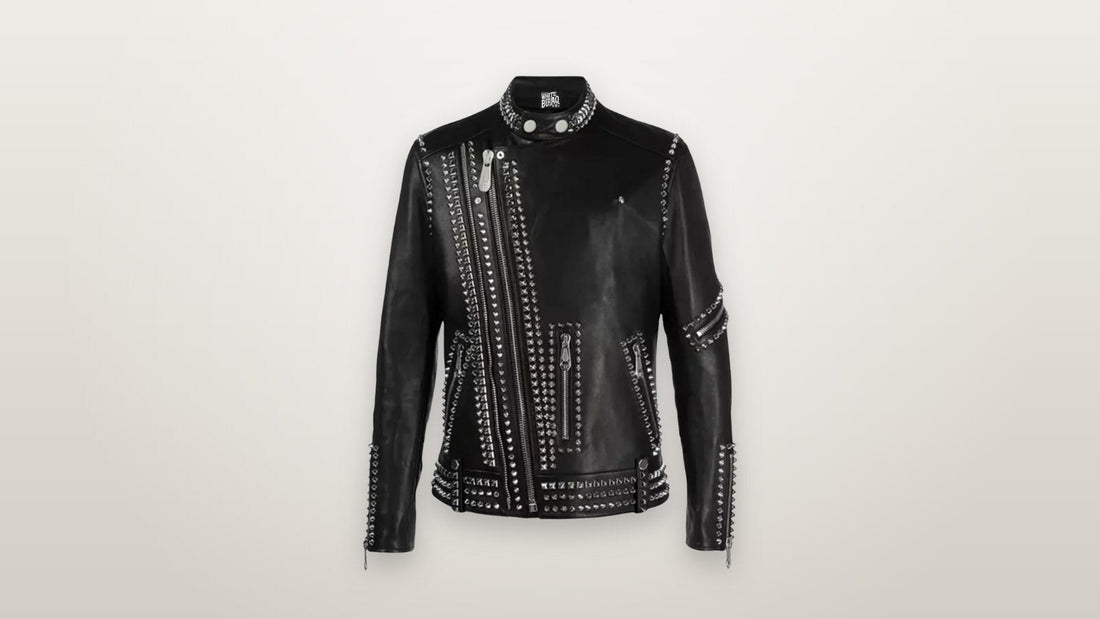 Men's black studded leather biker jacket