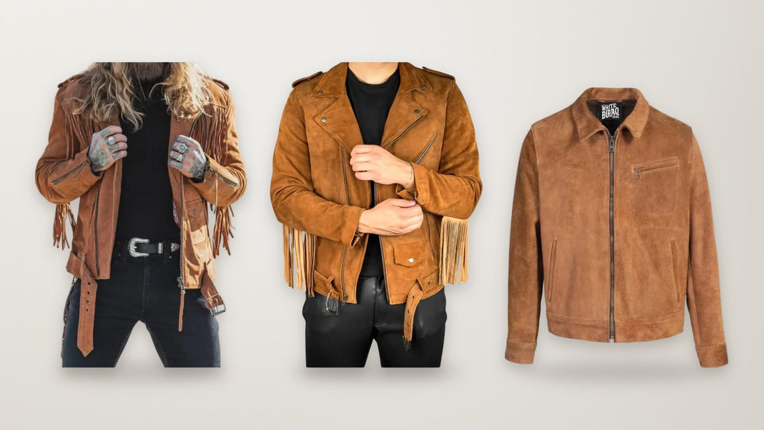 Brown suede western fringe jacket, brown suede asymmetrical fringe jacket and distressed brown roughout cowhide work jacket