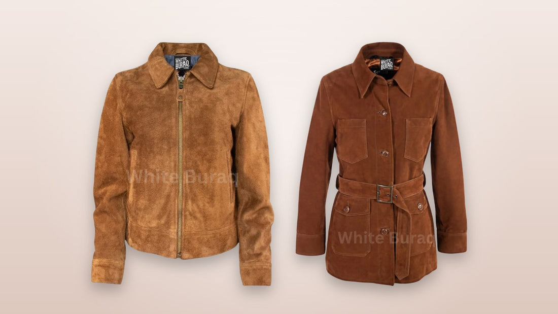 Women's brown suede trucker jacket and brown suede safari jacket styled for fall outfits