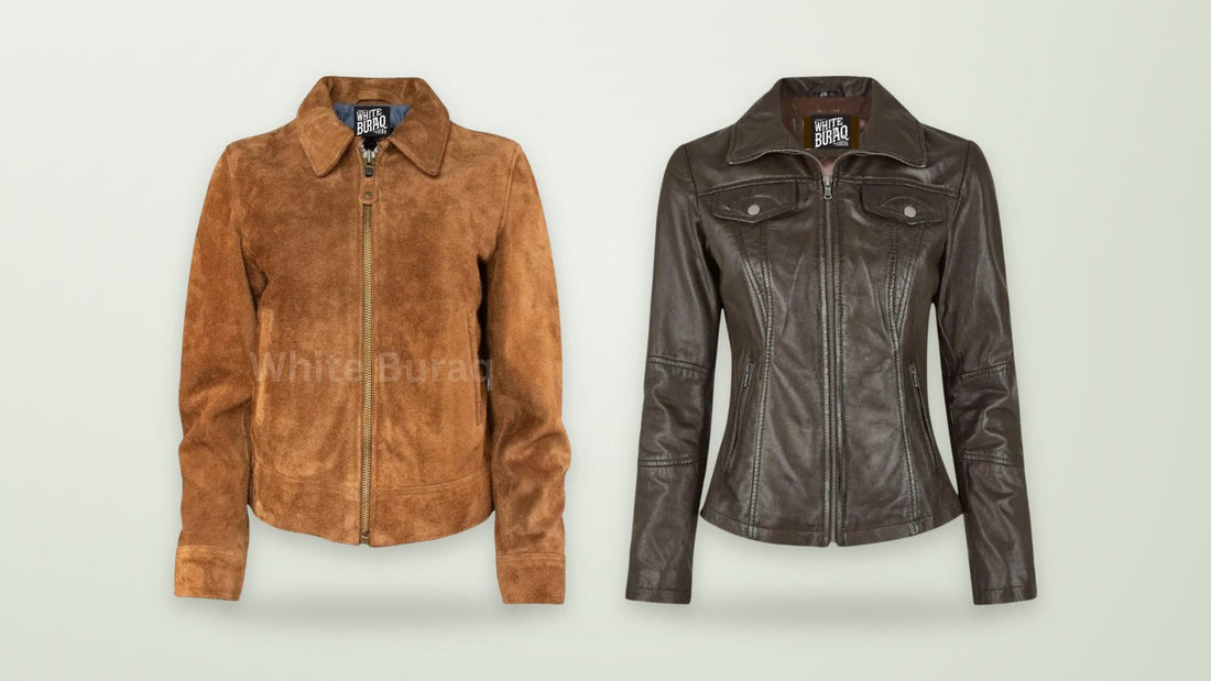 Women's brown suede trucker jacket and dark brown lambskin trucker jacket