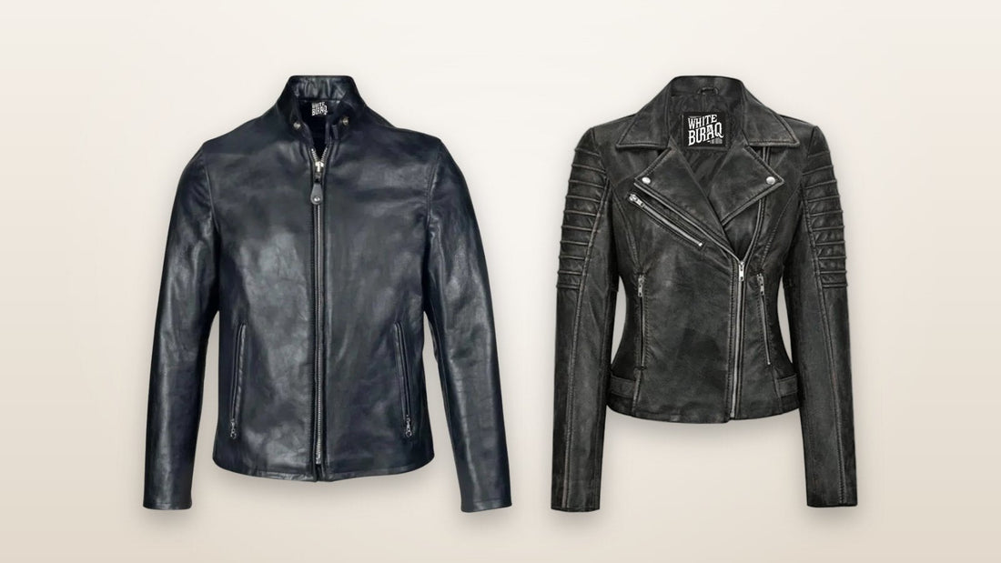 Men's black lightweight cowhide cafe racer jacket and women's black lambskin leather biker jacket for layering over fall sweaters