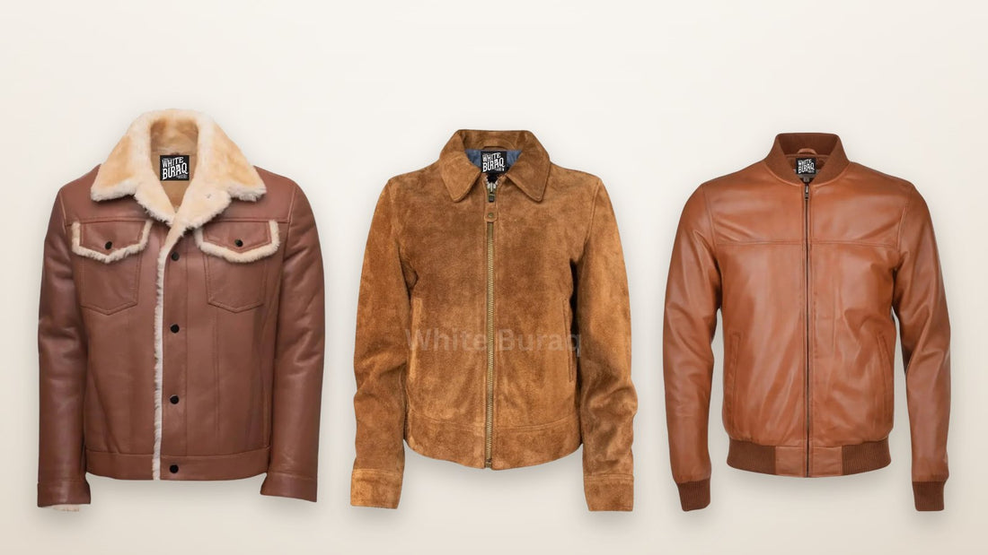Men's distressed brown lambskin trucker jacket with a shearling collar