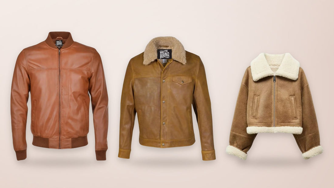 Men's light brown leather bomber jacket, men's buffalo leather trucker jacket with sheepskin collar and women's brown lambskin cropped shearling jacket