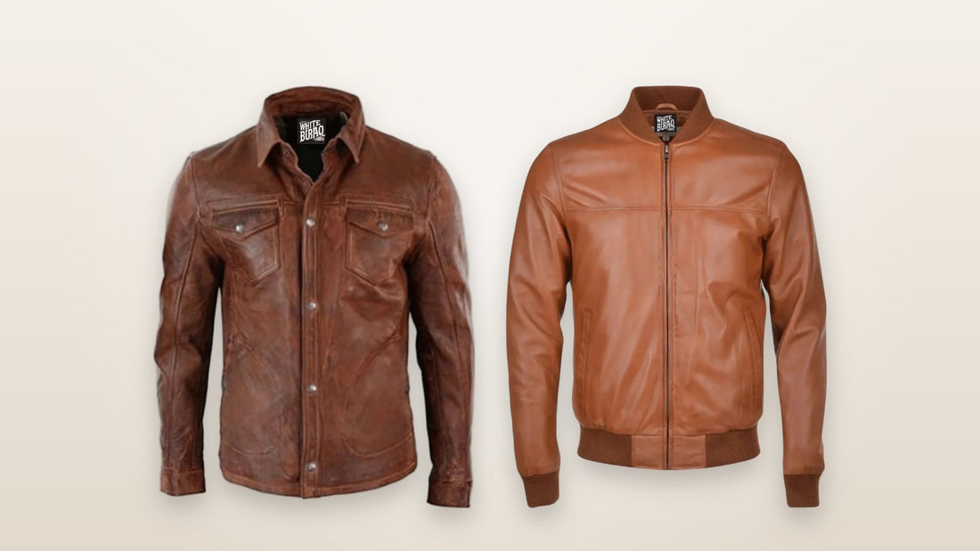 Distressed brown leather trucker jacket next to a brown leather bomber jacket