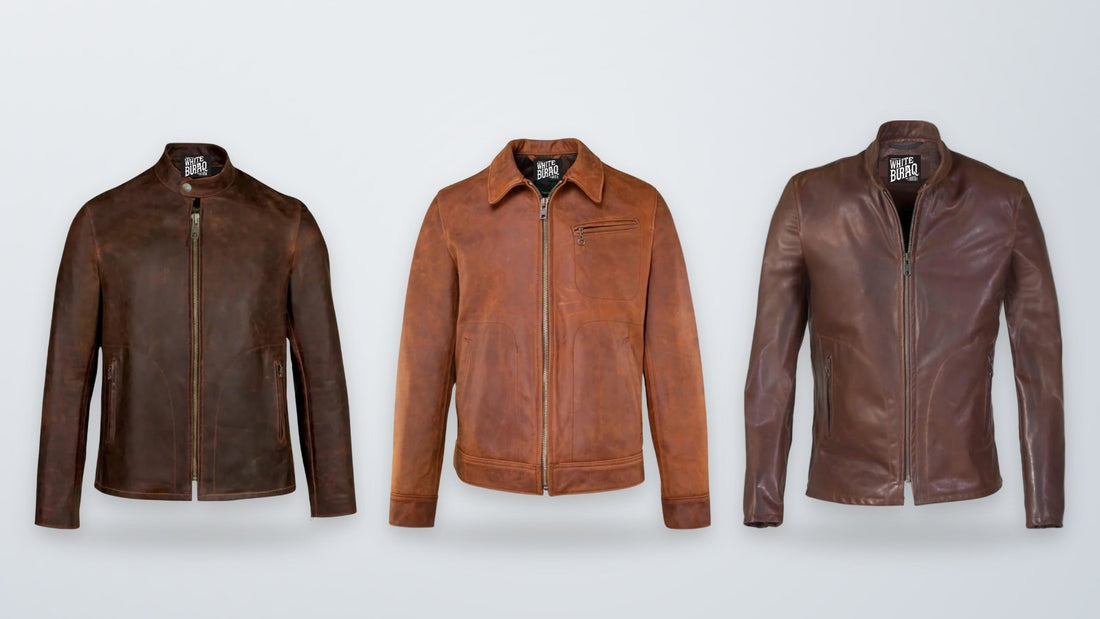 Distressed brown unlined cowhide cafe racer jacket, distressed brown unlined cowhide trucker jacket and unlined waxed cowhide cafe racer jacket