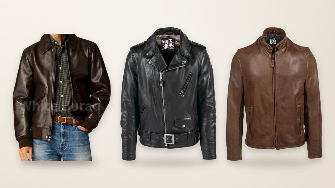 Distressed brown vintage A-2 aviator leather jacket, black vintage cowhide biker jacket and distressed brown vintage cowhide cafe racer jacket
