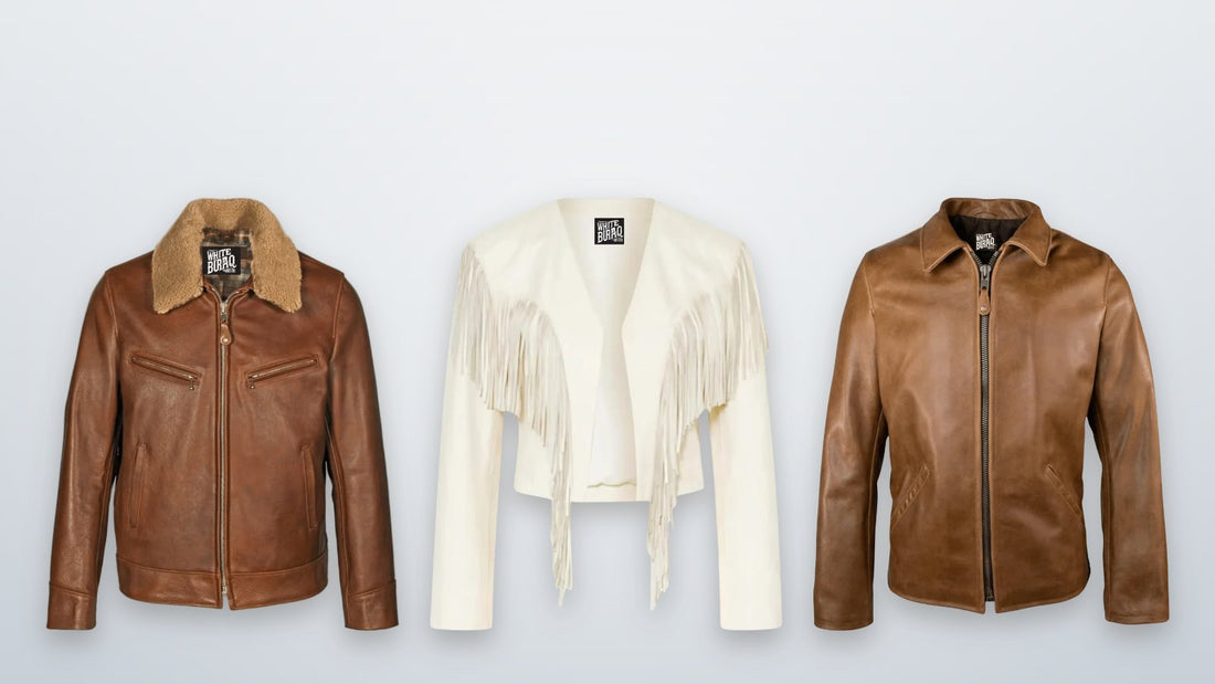 Men's antique cowhide Western jacket with sheepskin collar, women's white leather Western fringe jacket and men's waxed buffalo leather Western jacket
