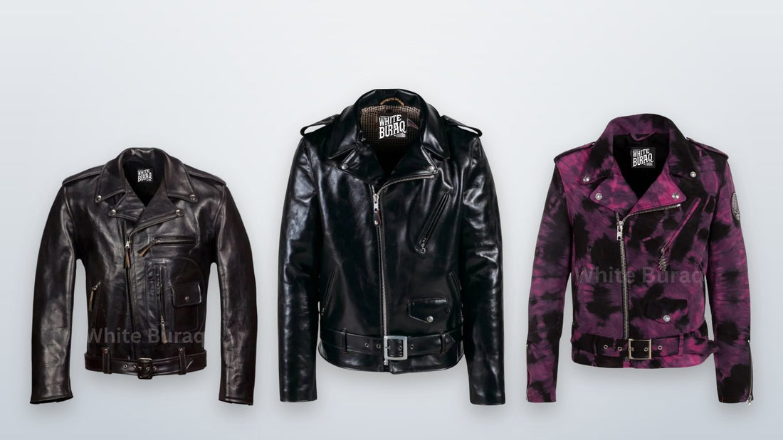 Black horsehide belted leather jacket with epaulettes beside men's and women's asymmetrical leather biker jackets