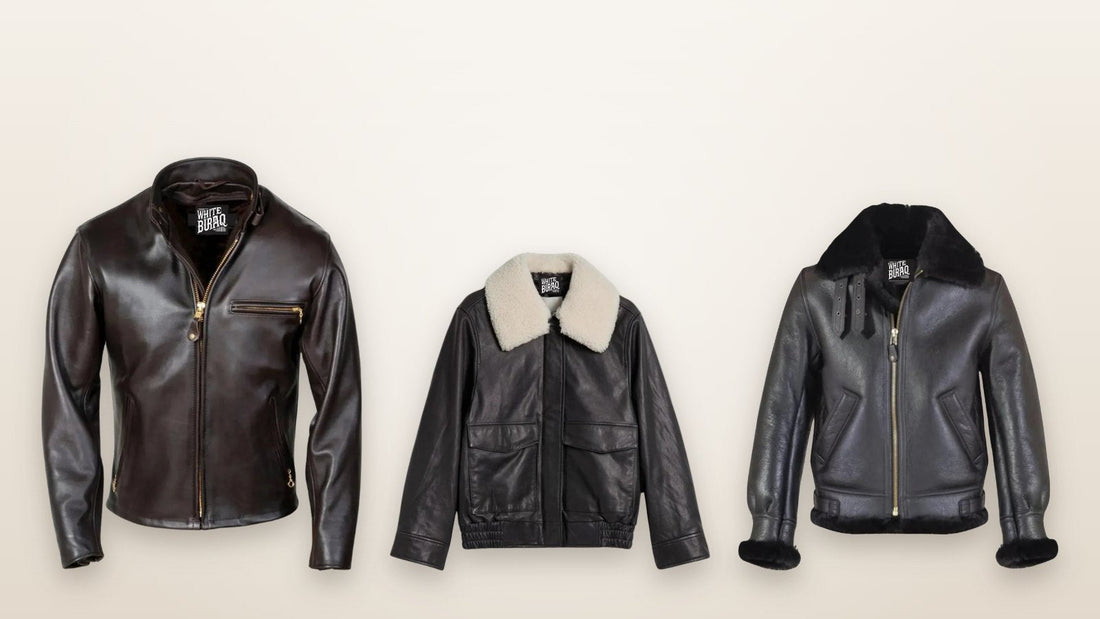 Black cowhide racer jacket, black lambskin jacket with shearling collar and sheepskin B-3 bomber for 40 degree weather