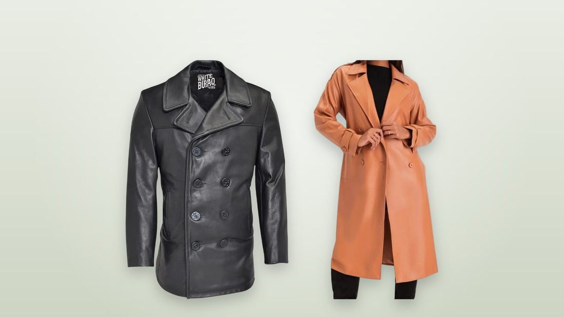 Men's black leather double-breasted pea coat and women's brown double-breasted trench coat on a soft neutral background