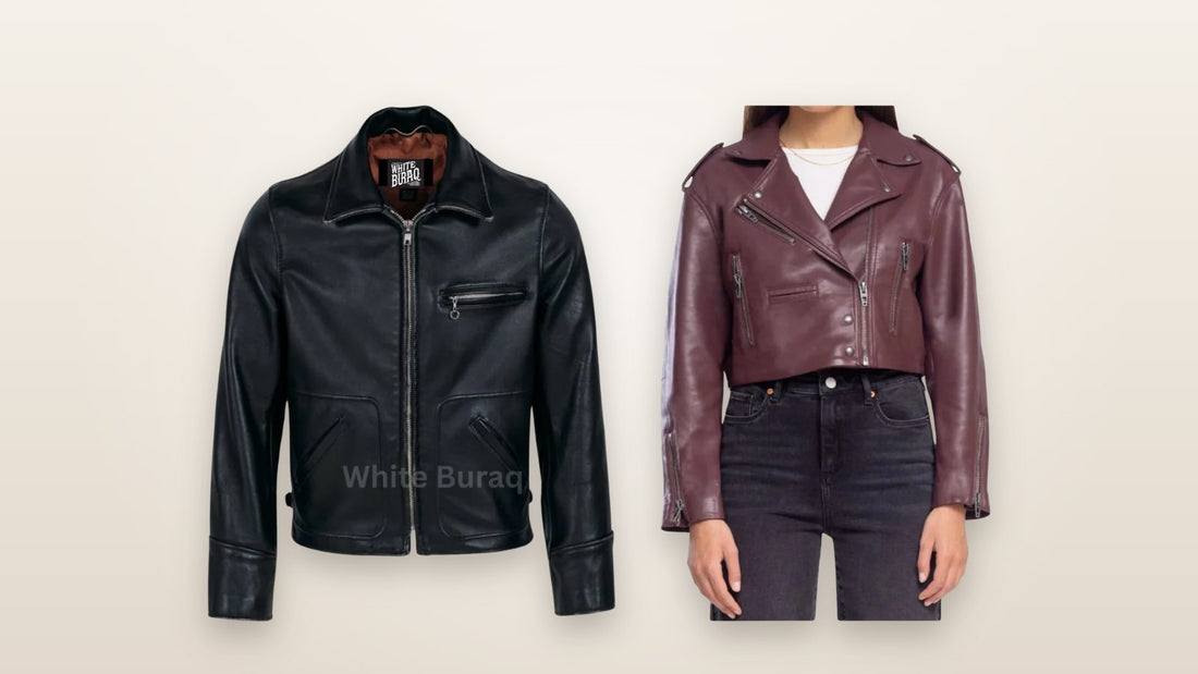 Men's black leather tailored biker jacket and women's maroon cropped asymmetrical leather jacket for a Las Vegas winter trip