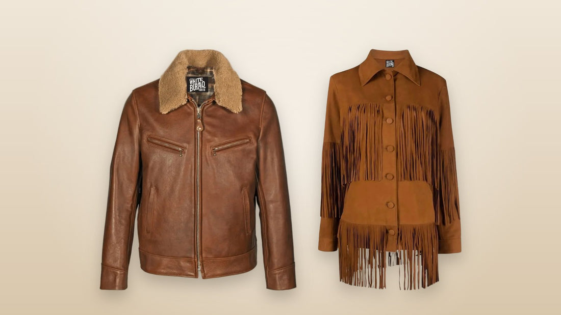 Men's antique cowhide Western jacket with sheepskin collar and women's distressed brown leather fringe jacket for a fall trip to Nashville
