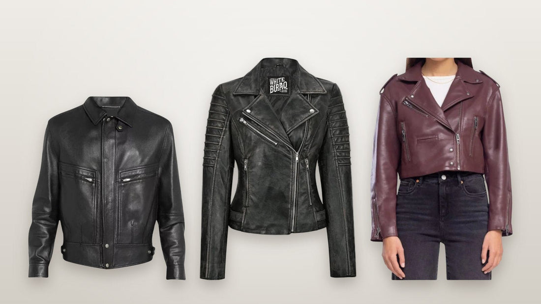 Black lambskin bomber jacket, black lambskin biker jacket and maroon cropped leather jacket for a basketball game