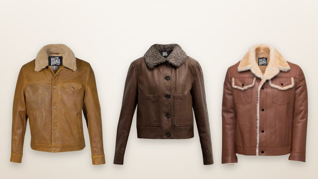 Leather trucker jacket with a sheepskin collar styled for a cool fall evening outdoors