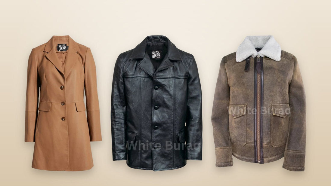 Brown lambskin long coat, black leather car coat and distressed brown bomber with shearling collar for a Christmas market