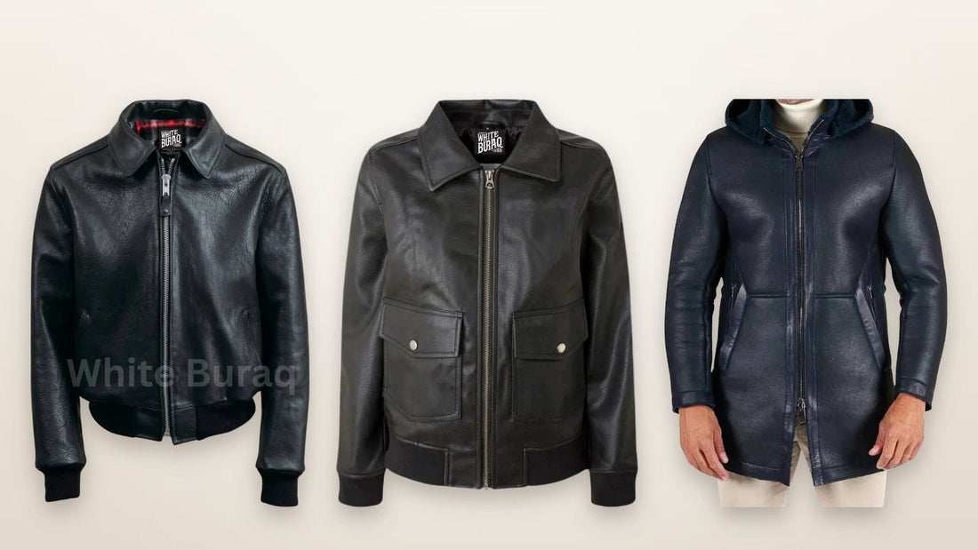 Black leather bomber jackets and a navy hooded leather jacket for a cold night at the ballpark