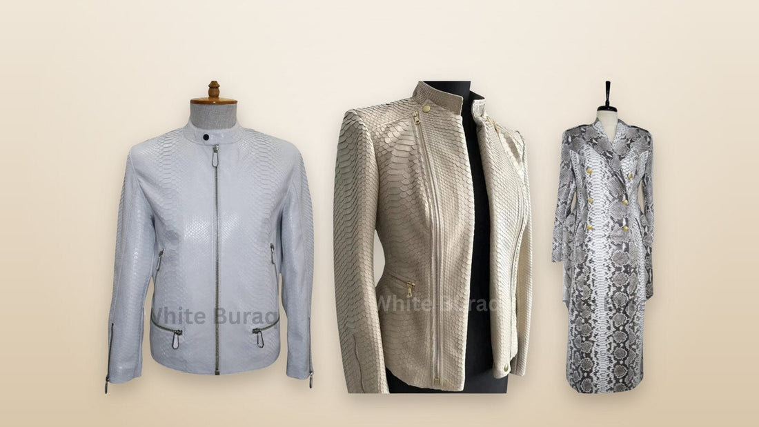 Men's white python leather moto jacket, women's white python leather biker jacket and women's white python leather long coat