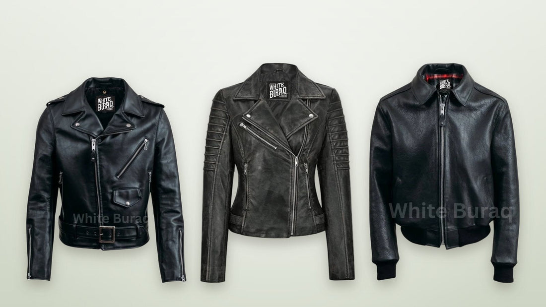 Men's black leather asymmetrical biker jacket, women's black lambskin leather biker jacket and men's black leather bomber jacket with ribbed collar