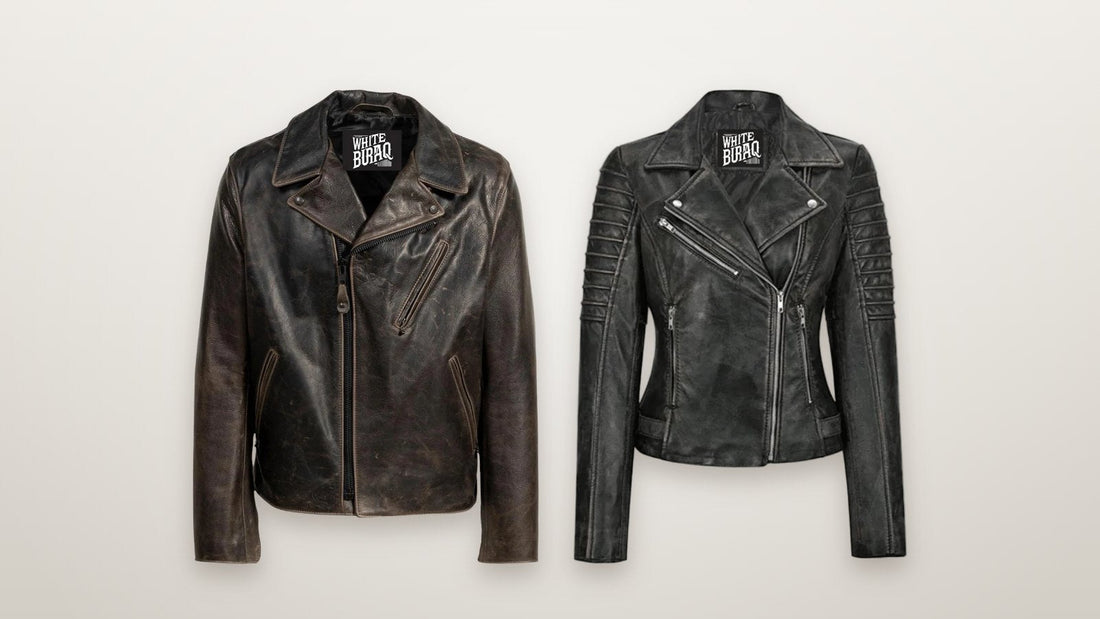 Men's black waxed cowhide moto jacket and women's black lambskin leather biker jacket on a soft neutral background