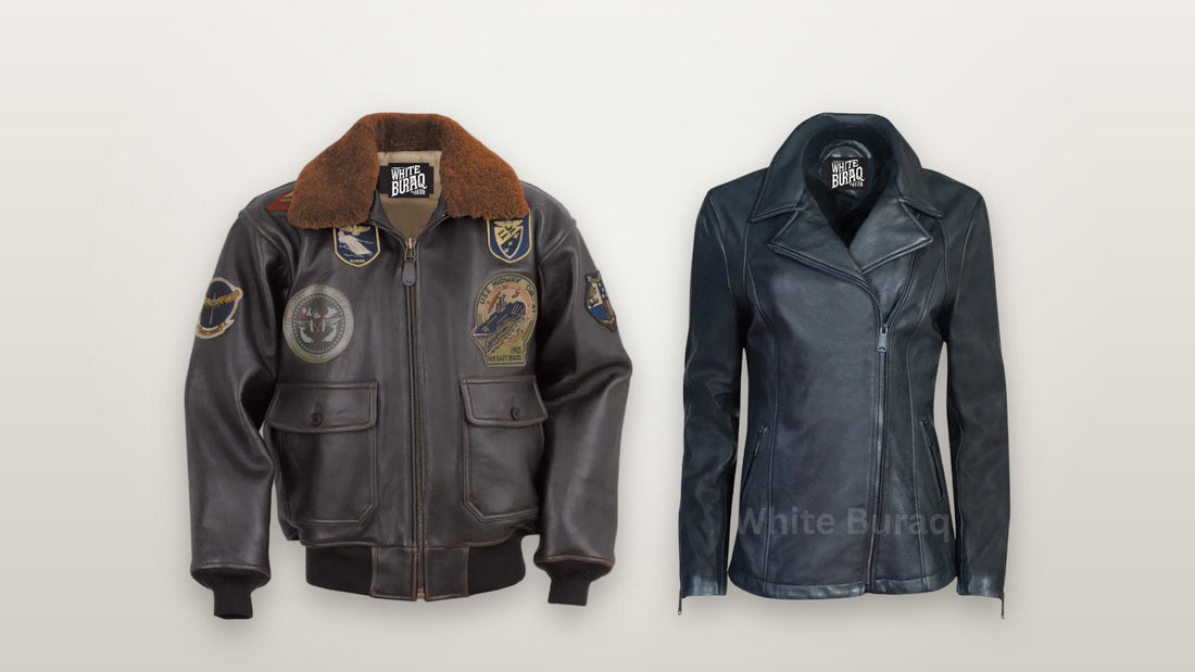 Men's black leather G-1 bomber jacket with sheepskin collar and women's black lambskin long moto jacket for windy days