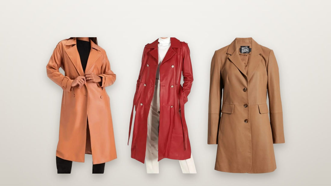 Women's Brown Lambskin Double-Breasted Trench Coat, Women's Red Leather Double-Breasted Coat and Women's Brown Lambskin Long Leather Coat side by side