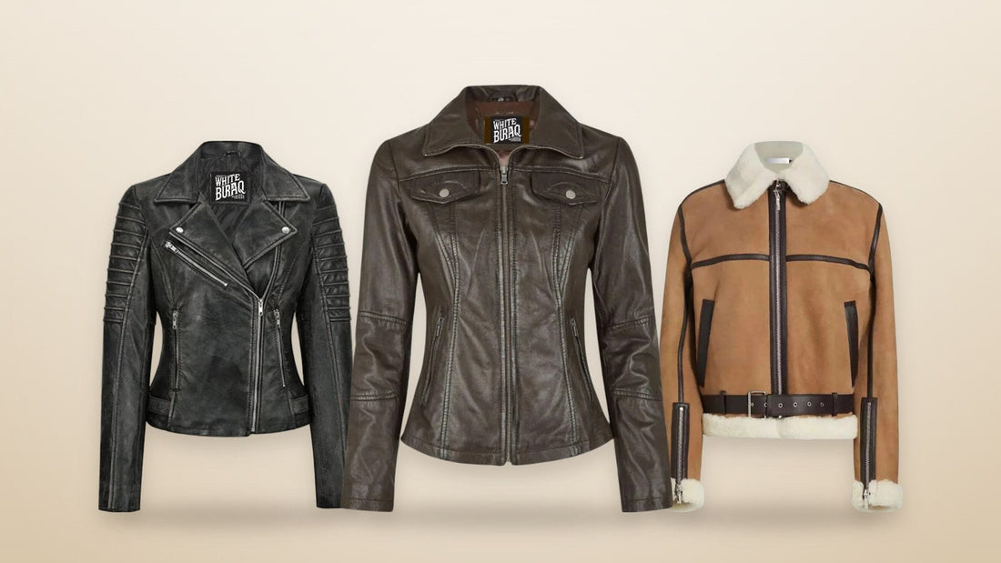 Women's black lambskin leather biker jacket, dark brown lambskin trucker jacket and brown suede shearling aviator jacket