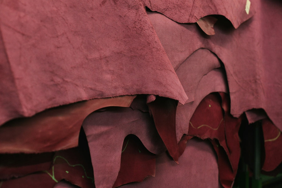 Close-up of thin dyed leather skins