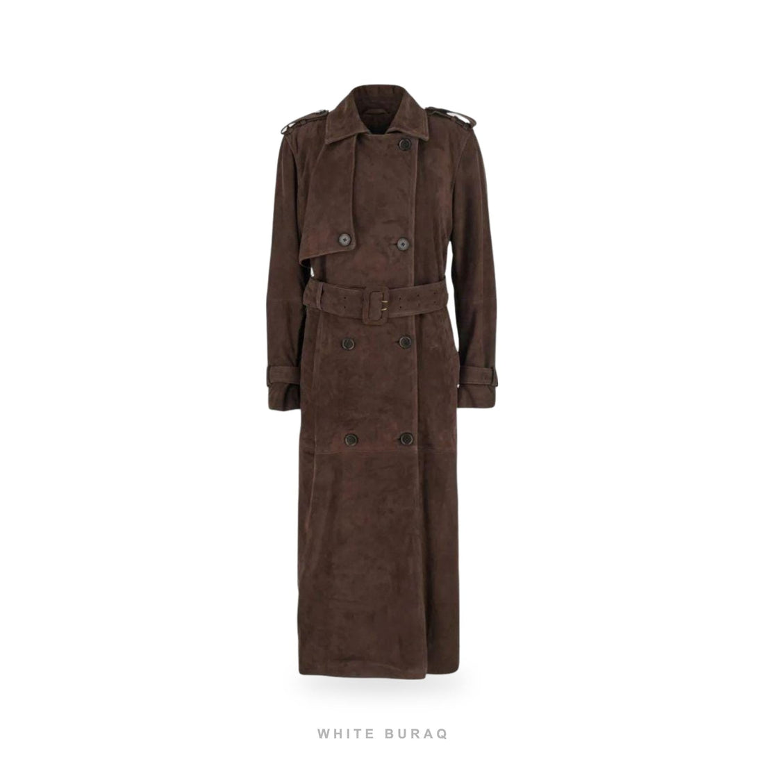 Women's Auburn Sheepskin Suede Storm-Flap Trench, a full-length belted suede trench coat