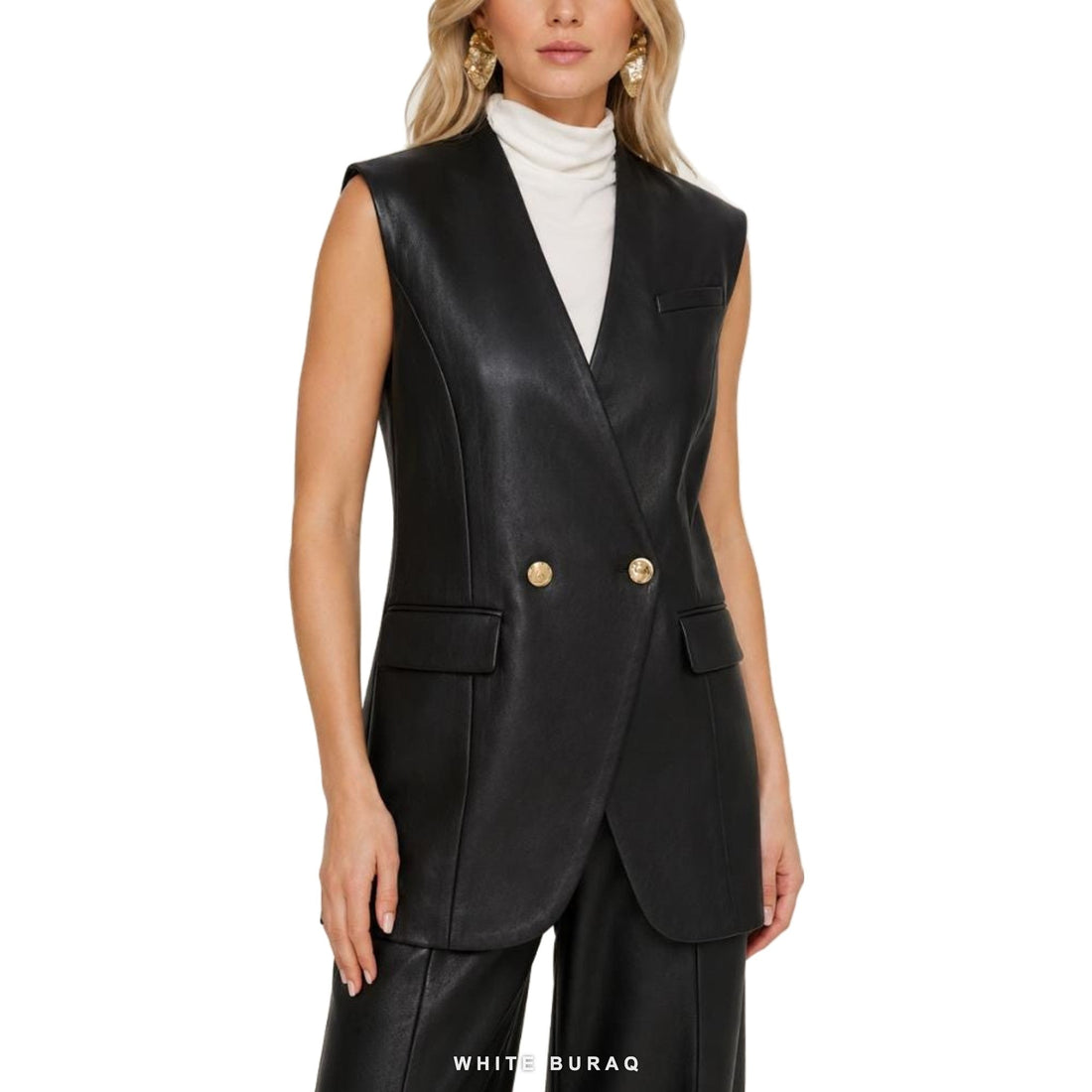 Women's black leather double-breasted longline vest with gold buttons