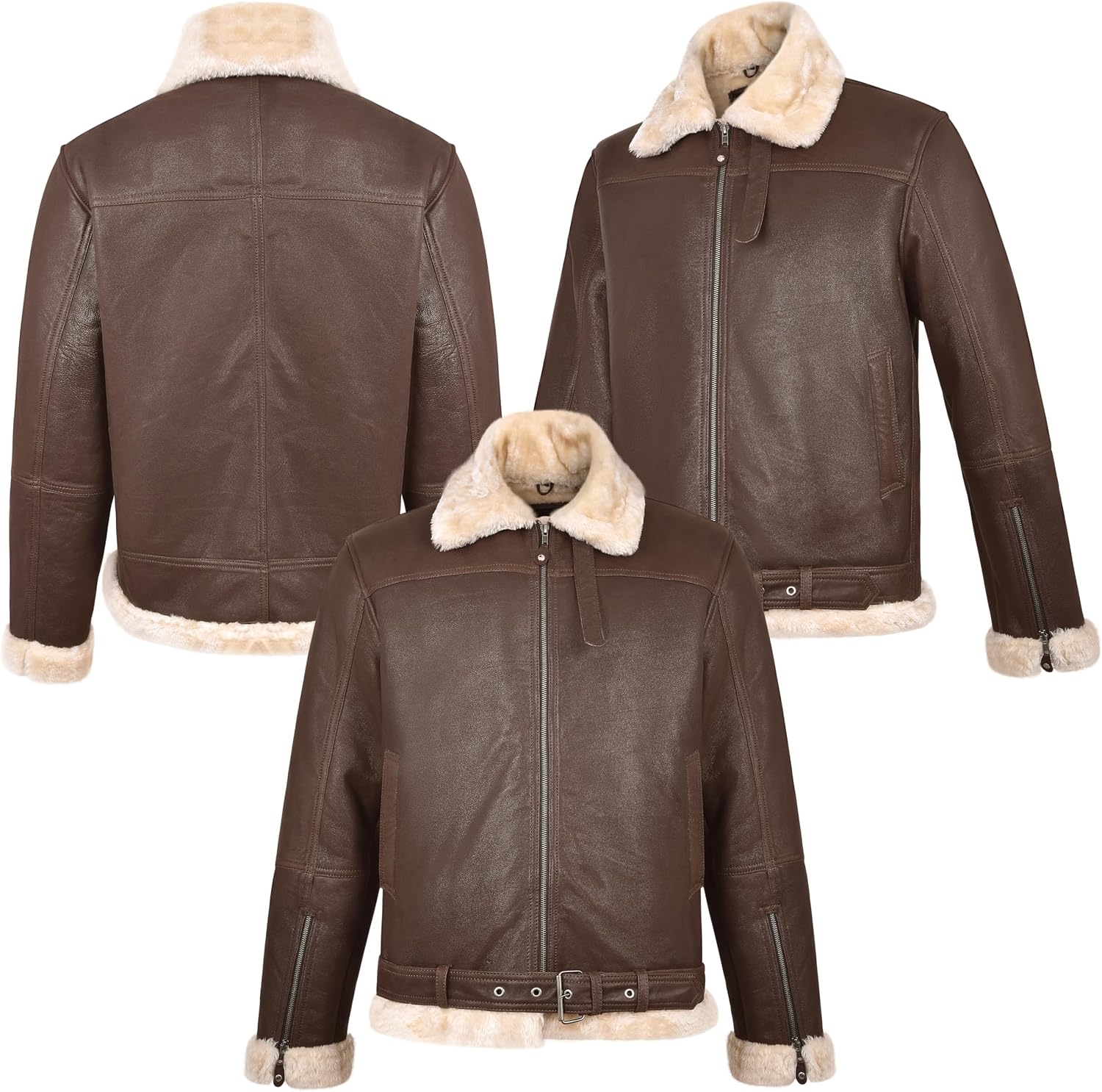 Unisex dark brown B-3 sheepskin bomber jacket with shearling lining, front and back