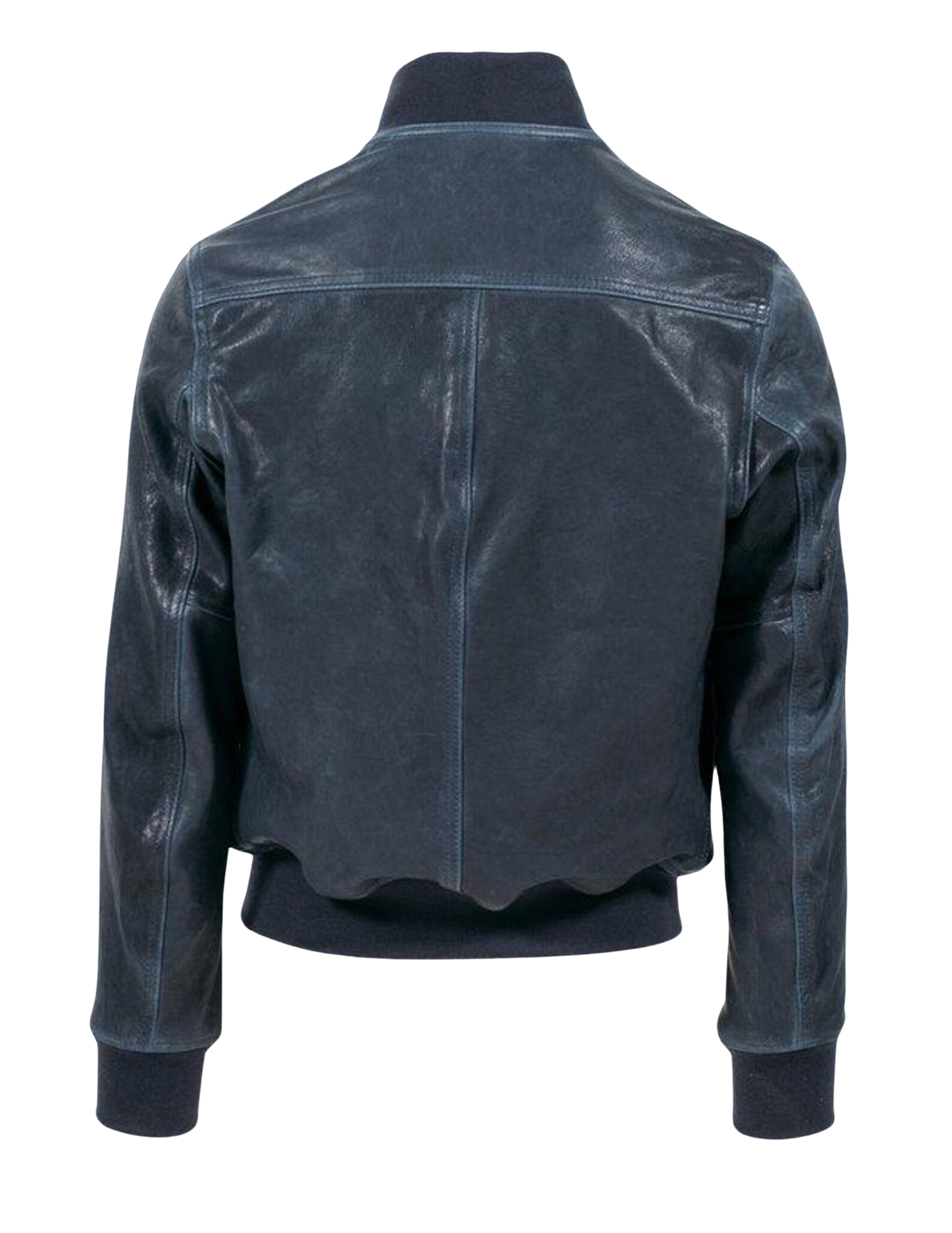 Back view of a dark blue leather jacket 