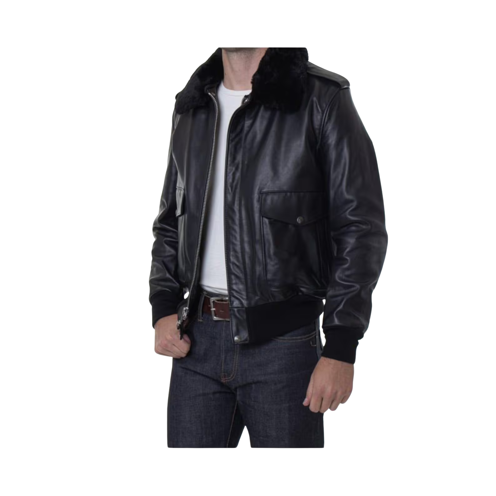 Black leather jacket worn by a person 