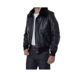 Black leather jacket worn by a person 