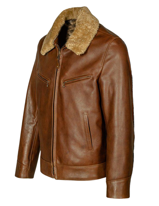 Brown leather jacket with fur collar 