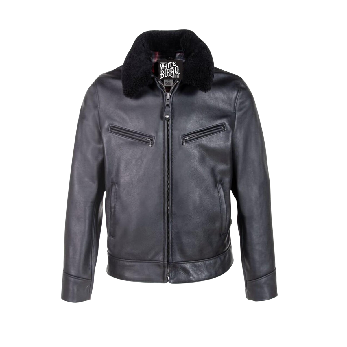 Black leather jacket with fur collar on a white background