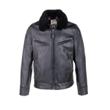 Black leather jacket with fur collar on a white background