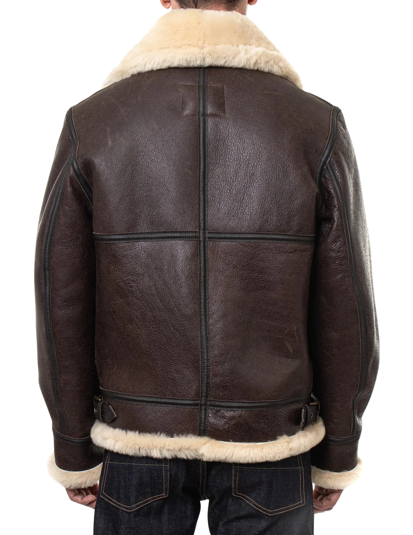 Brown leather jacket with white fur lining 