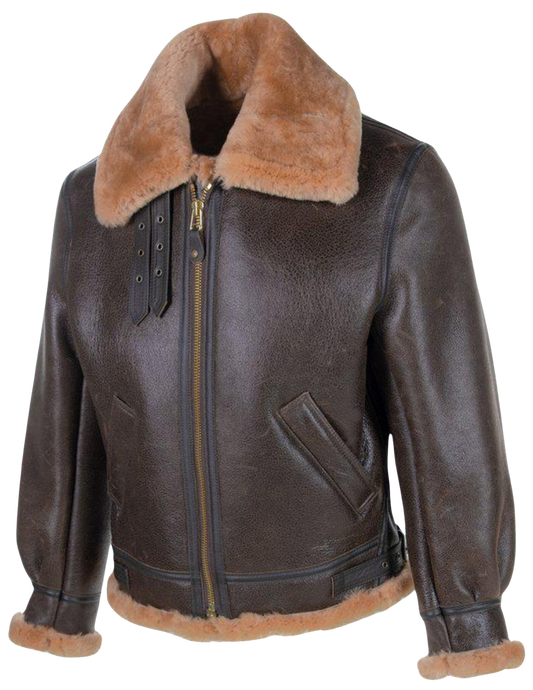 Brown leather jacket with fur collar and cuffs 