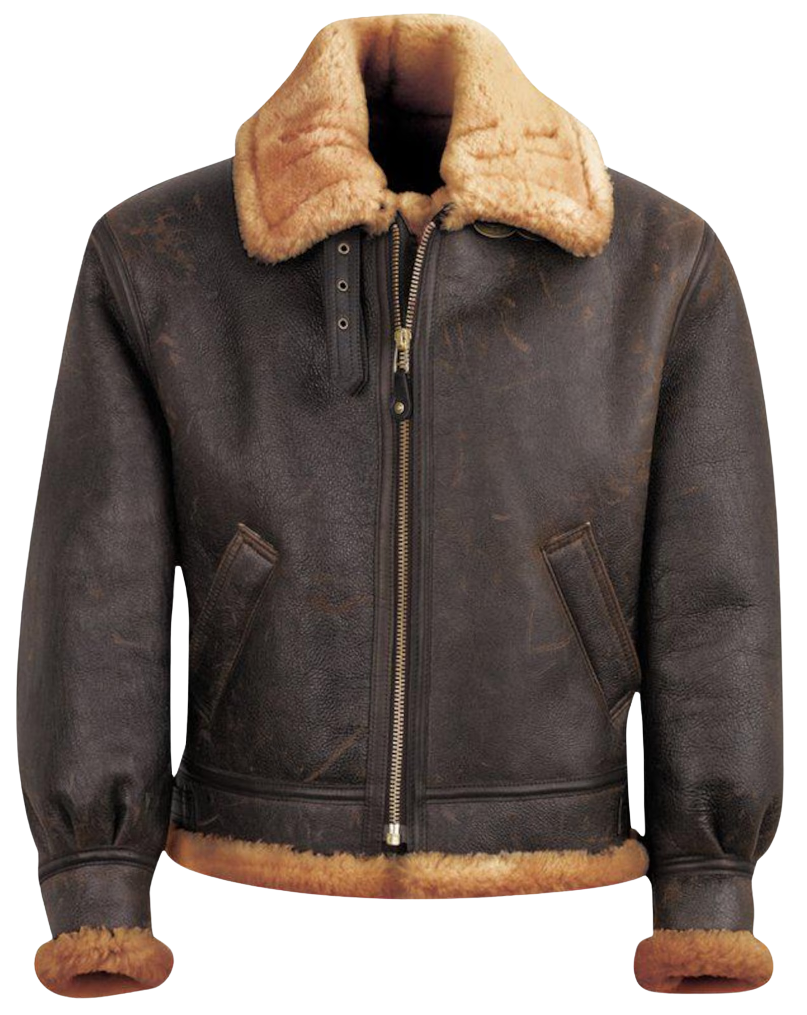 Brown leather jacket with fur collar and cuffs 