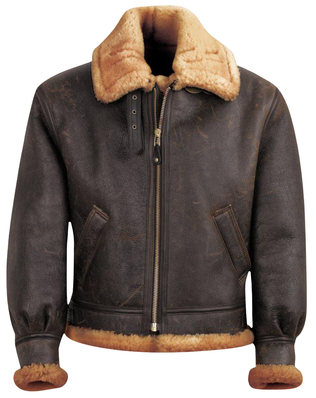 Brown leather jacket with fur collar and cuffs 