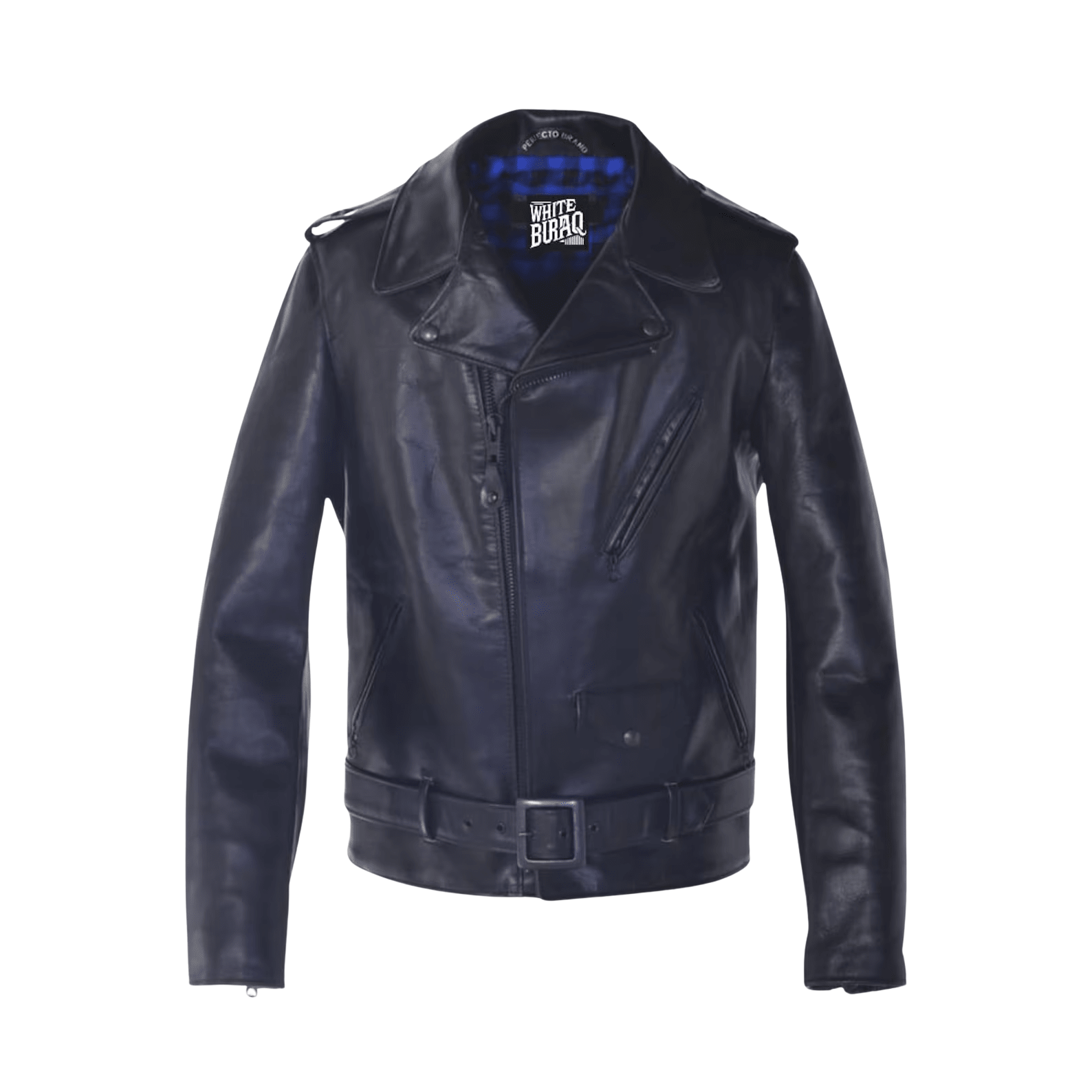 Black leather jacket with a visible brand label on a white background