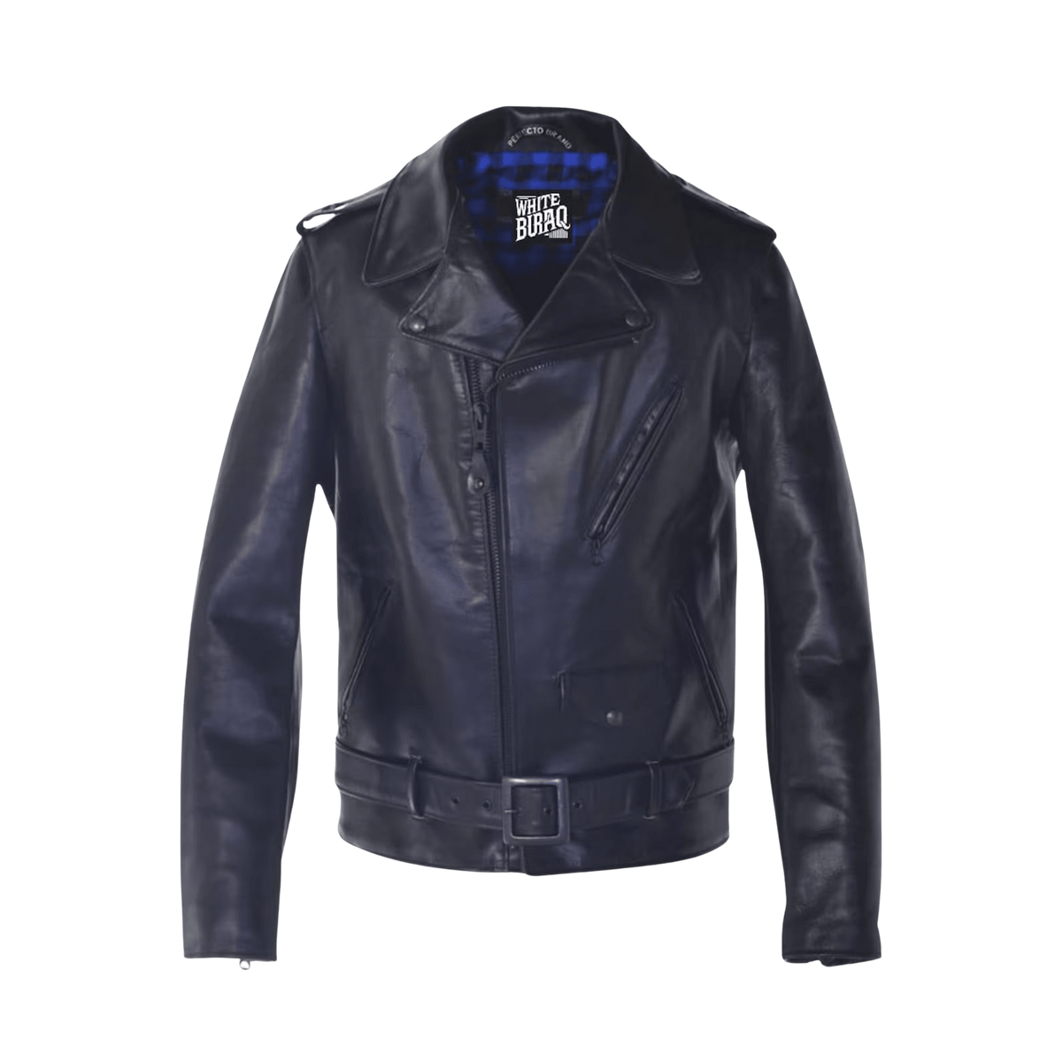 Black leather jacket with a visible brand label on a white background