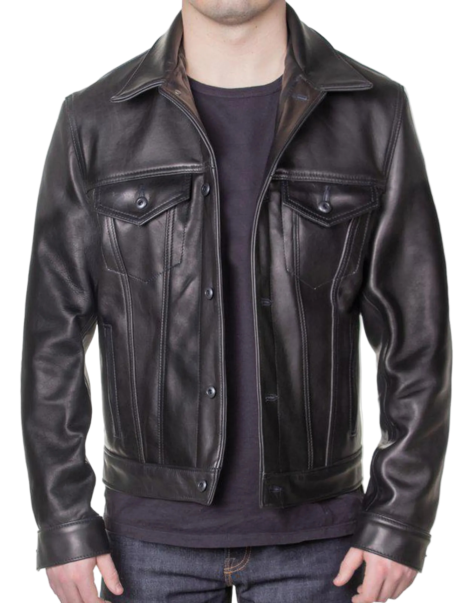 Black leather jacket worn by a person 