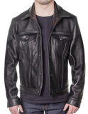 Black leather jacket worn by a person 